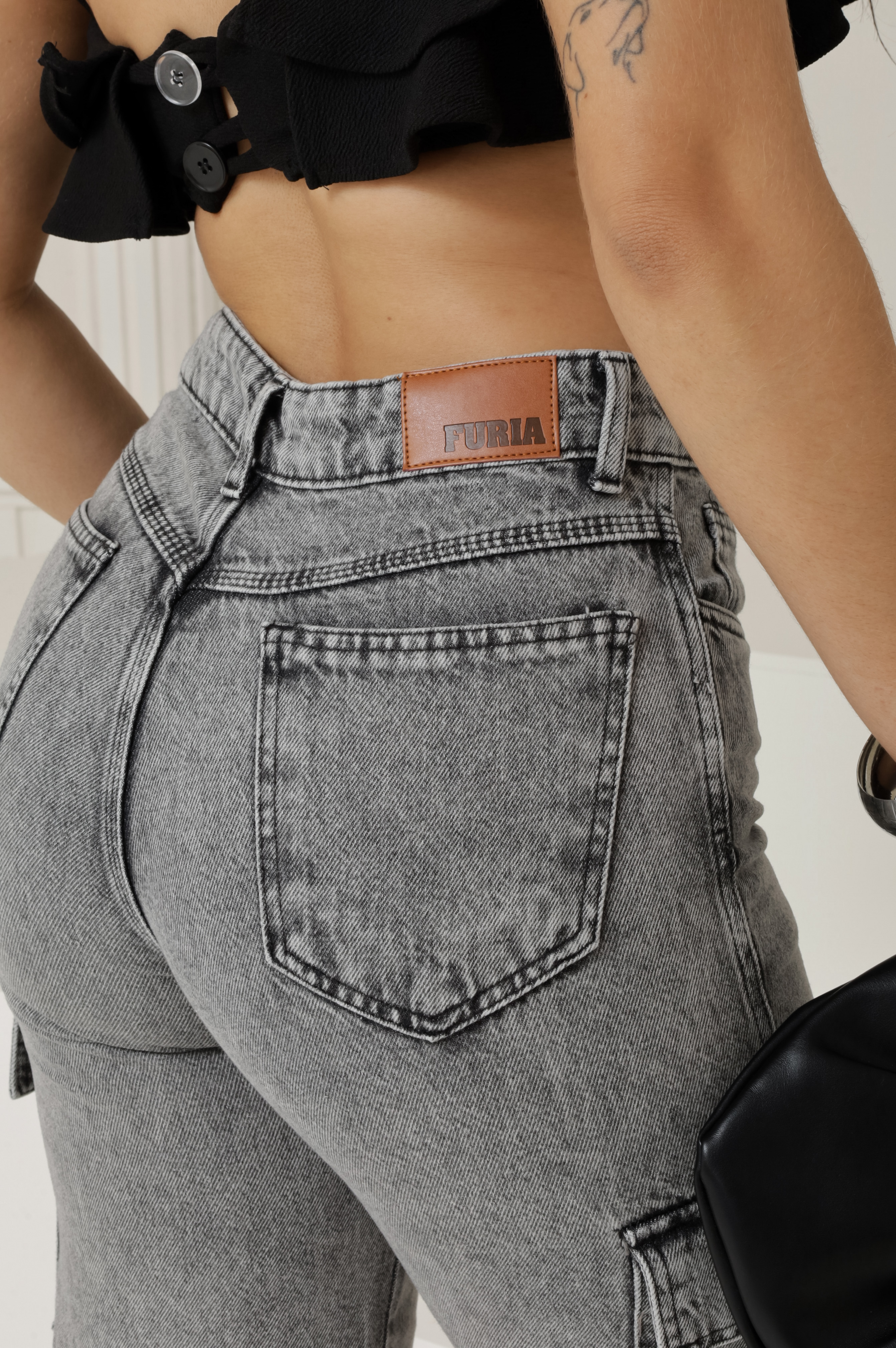 Calça Jeans Wide Leg Cargo Feminina 100% Algodão - Imagem 2