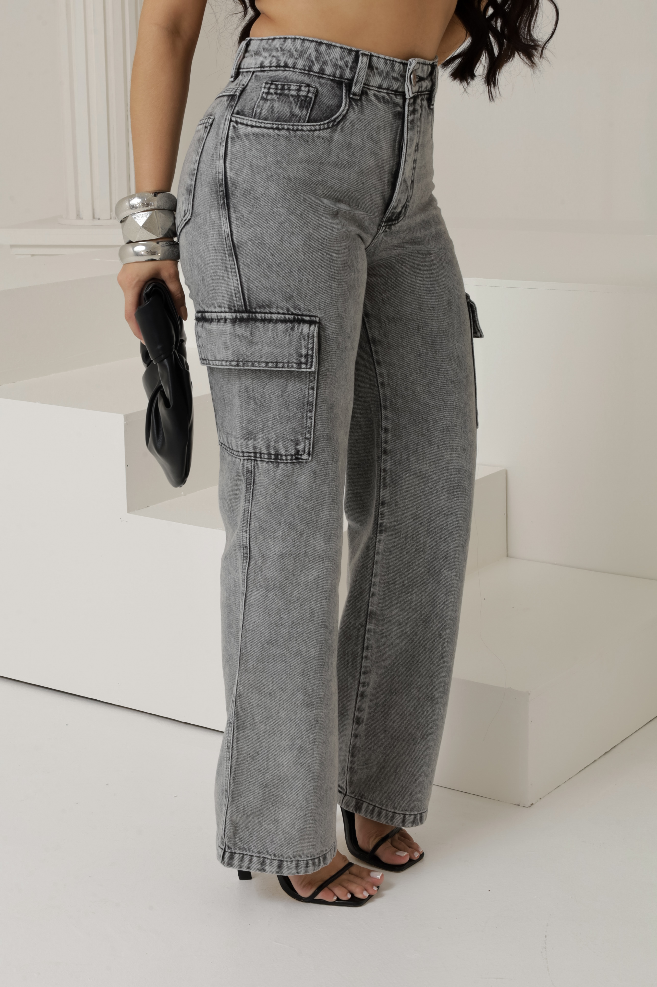 Calça Jeans Wide Leg Cargo Feminina 100% Algodão - Imagem 3