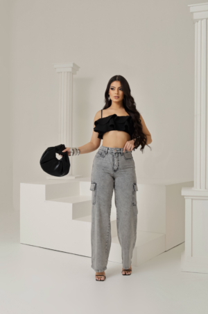 Calça Jeans Wide Leg Cargo Feminina 100% Algodão