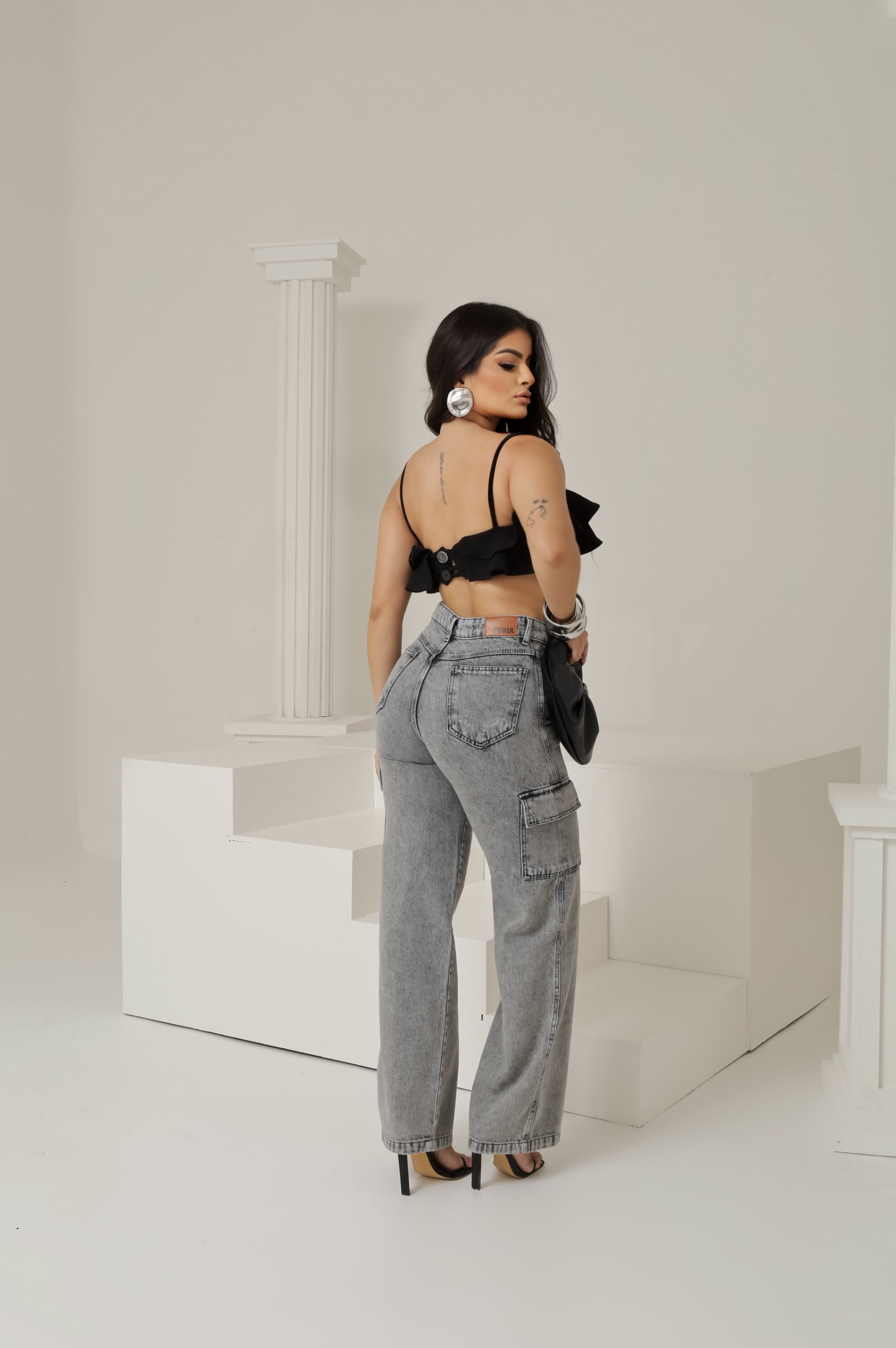 Calça Jeans Wide Leg Cargo Feminina 100% Algodão - Imagem 5