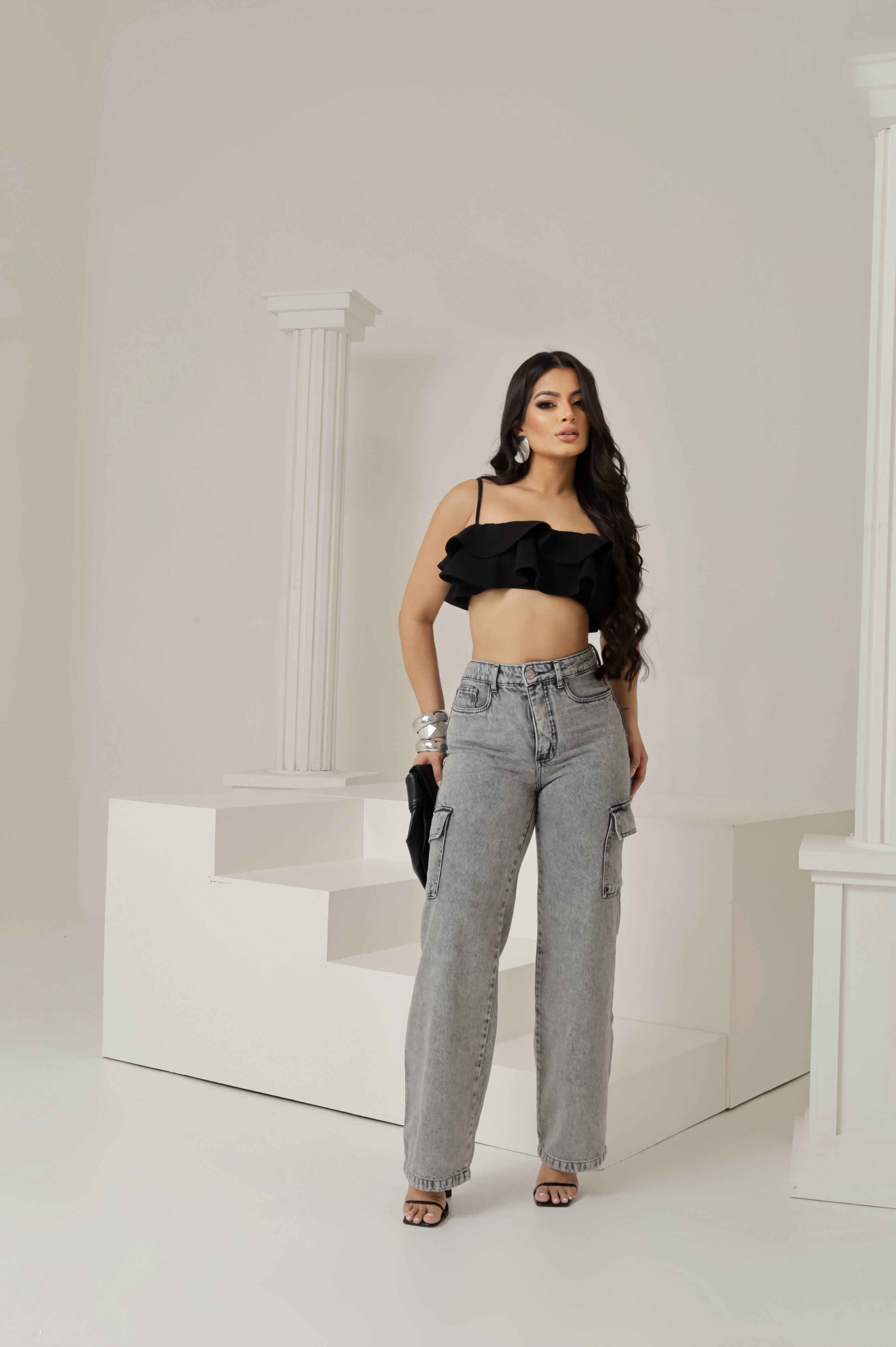 Calça Jeans Wide Leg Cargo Feminina 100% Algodão - Imagem 6