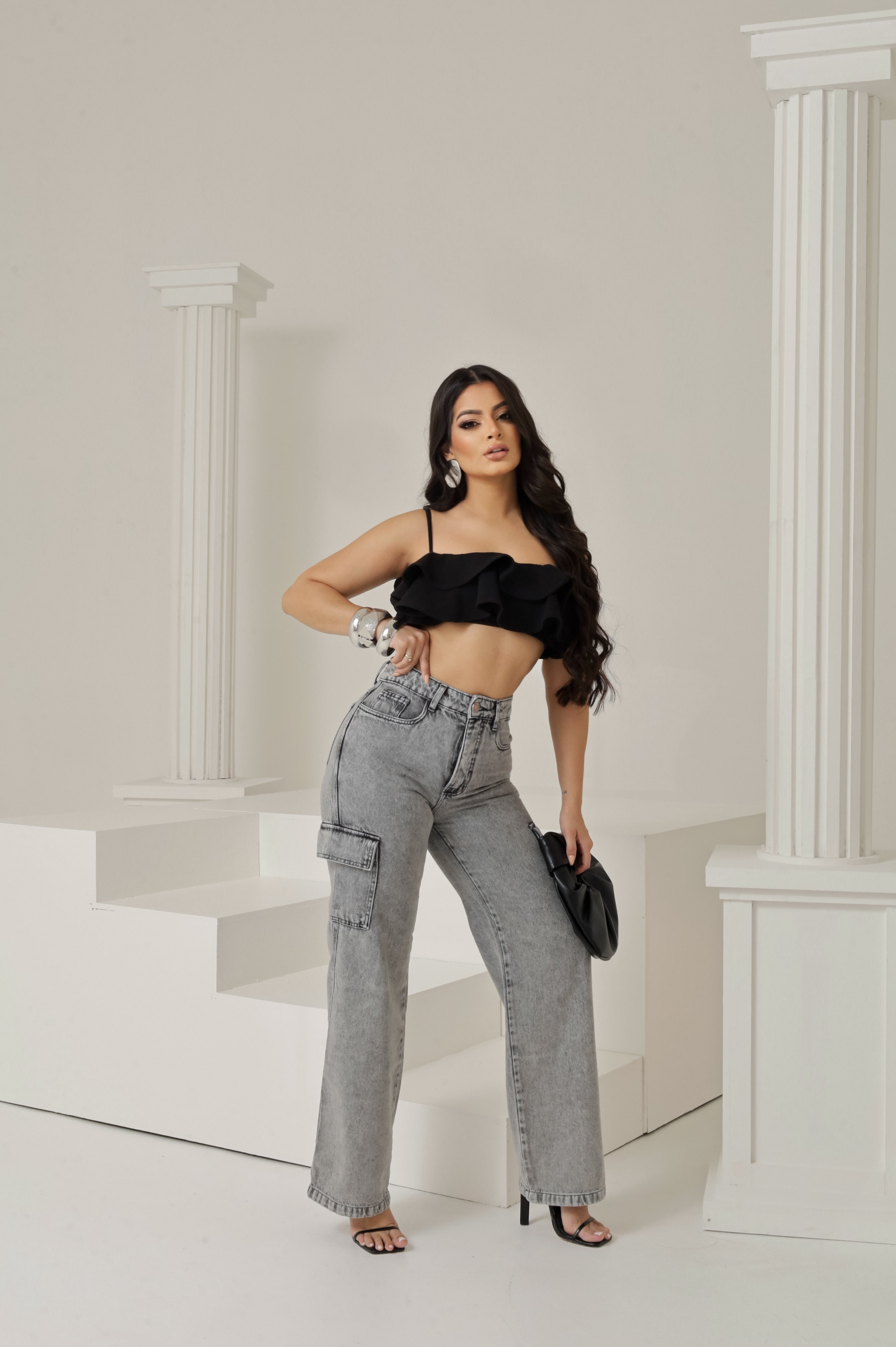 Calça Jeans Wide Leg Cargo Feminina 100% Algodão - Imagem 7